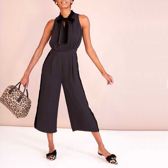 Kate Spade Black Tie Neck Jumpsuit, Cropped Wide Leg with Velvet Trim, sz 6 - Picture 4 of 9